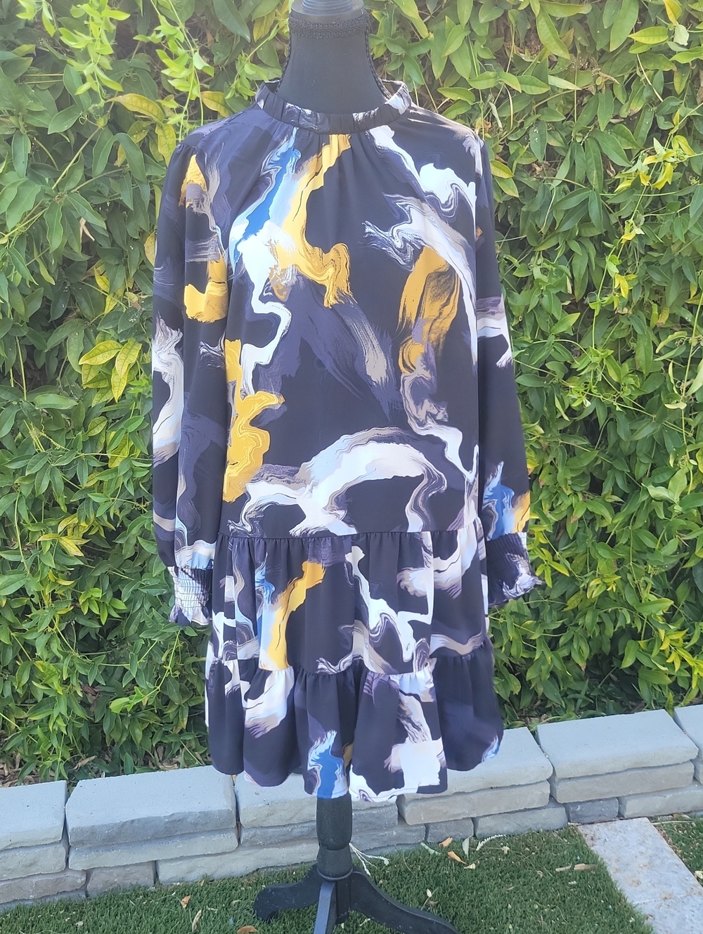 Black Flowy Mini Dress with Mustard & White Marbled Accents M